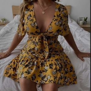 Yellow floral tie front dress